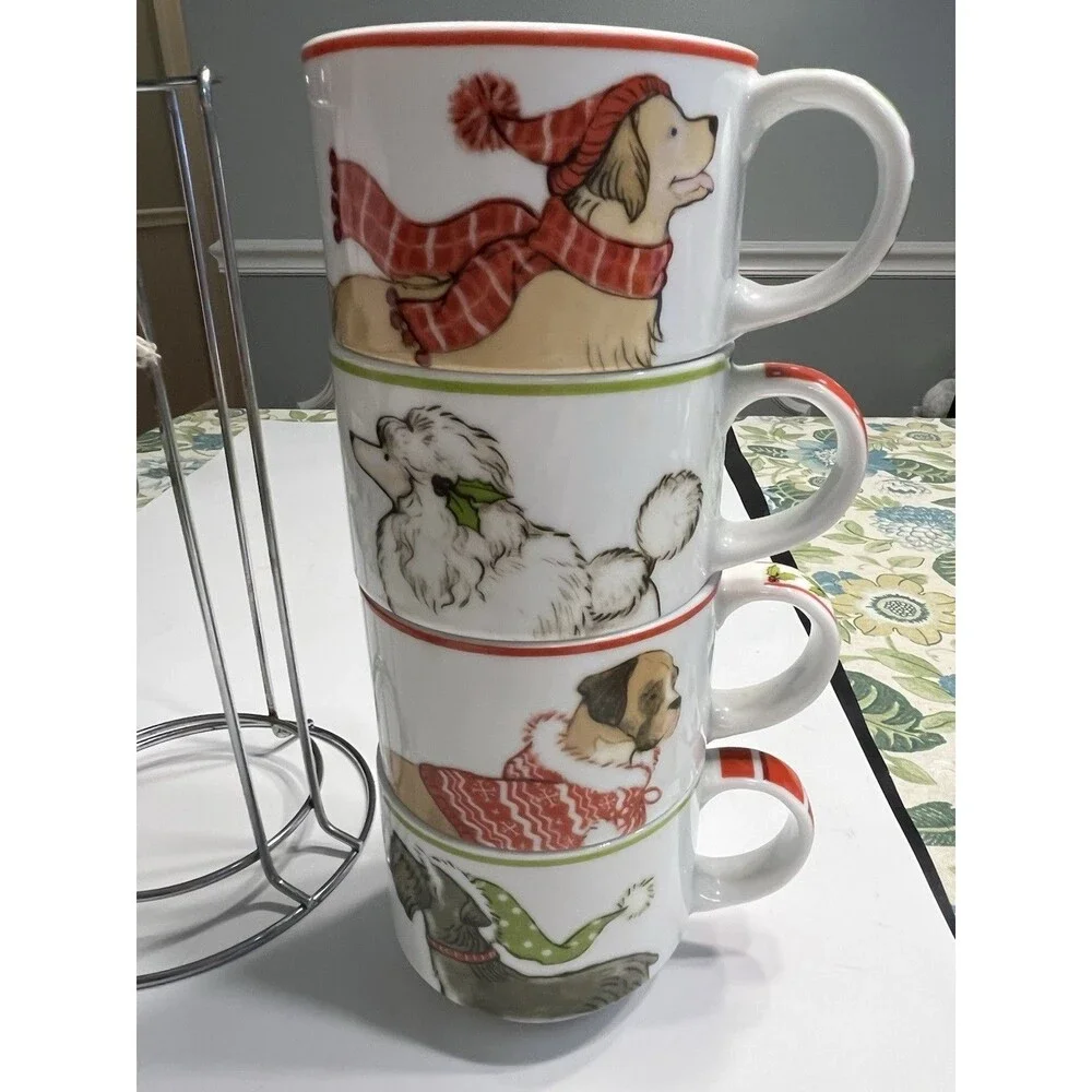 Pier 1 One Christmas Pup Dogs Stacking Mugs Stand Stoneware Holiday Cups